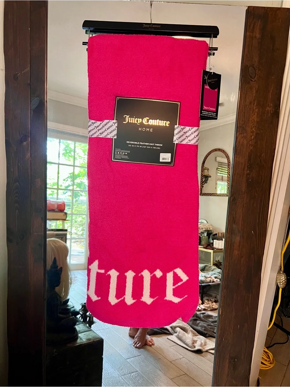 Juicy Couture Reversible Feather Knit Throw in Bright Pink with White Logo